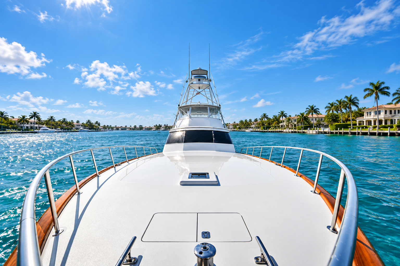 View from the bow of a sportfishing yacht with tropical turquoise water and a Palm Beach Intracoastal-inspired shoreline