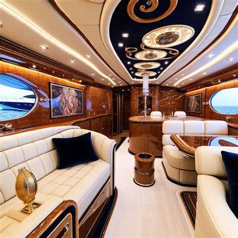 Luxury yacht cabin with cream seating and polished wood finishes